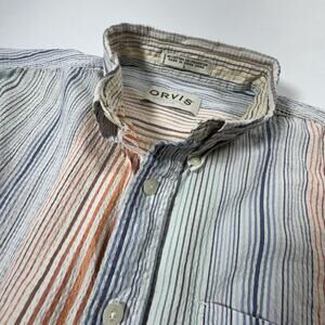 ORVIS Seersucker Button Shirt Men L White Colorful Stripe Runs Big 90s Retro VTG